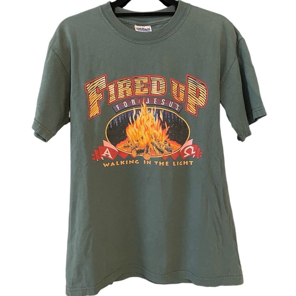 Vintage 90s Fired Up for Jesus Walking in the Light Bonfire Shirt Adult Medium